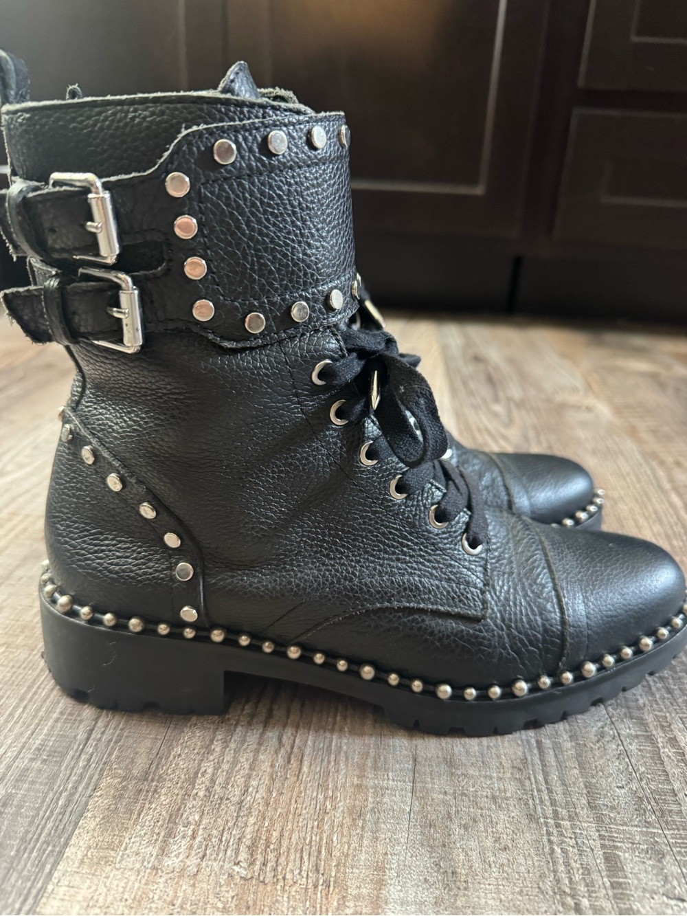 Sam Edelman Black Studded Lace-Up Buckle Combat Boots